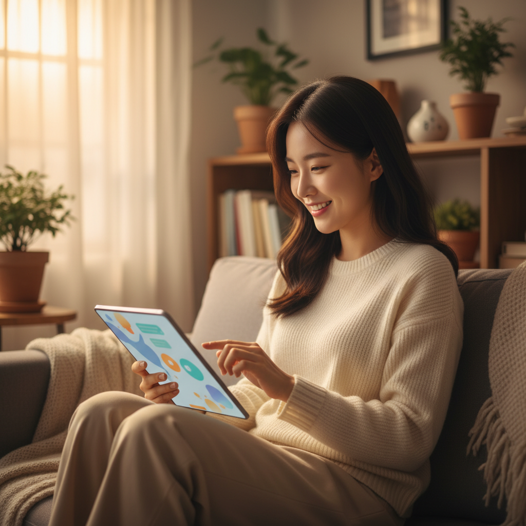 A Korean woman smiling while interacting with a chatbot on a tablet, soft warm lighting, cozy home setting, no visible text, natural expression, centered focus