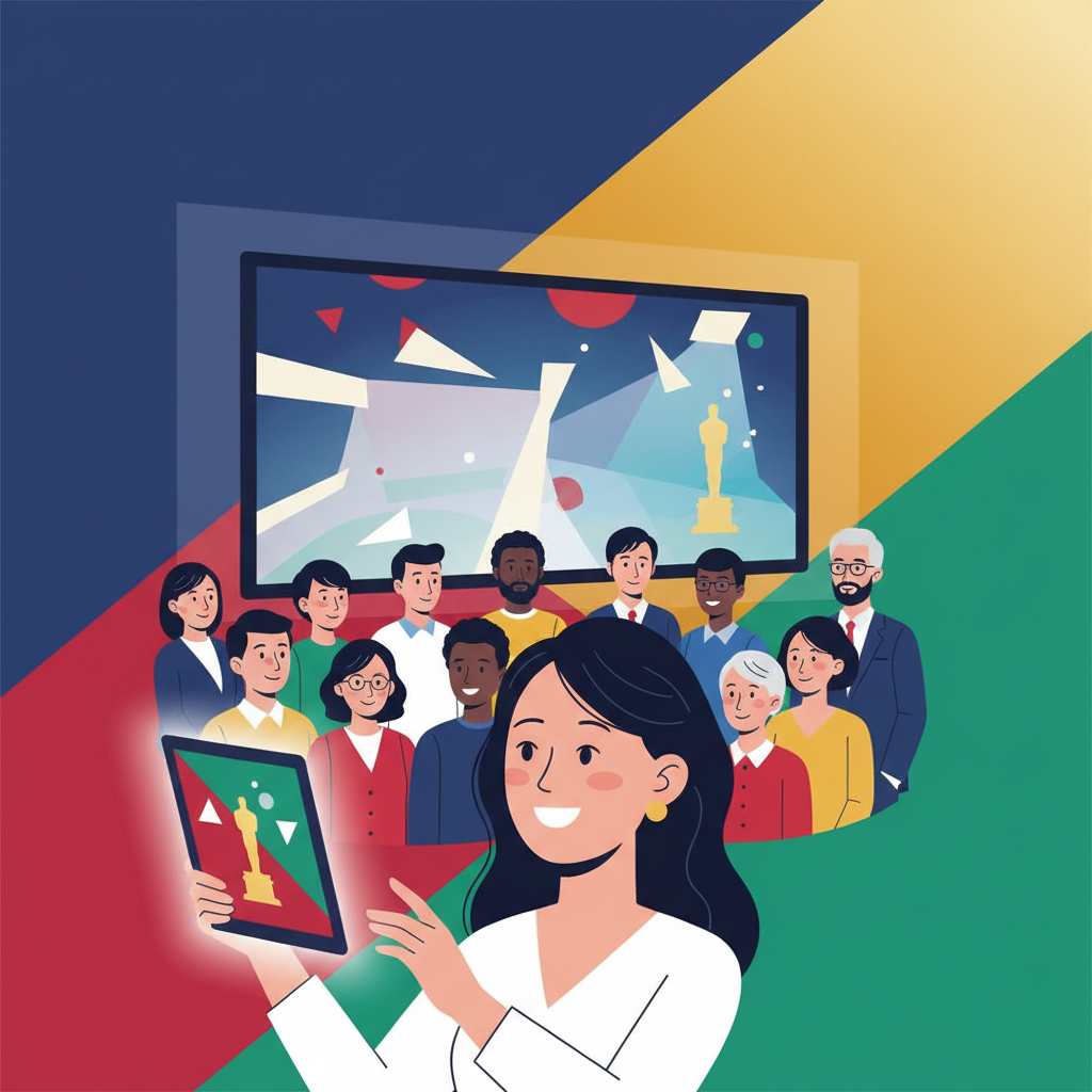 A Korean woman is excitedly watching the Oscar ceremony on a tablet, with a diverse group of people in the background, all captivated by a large screen showing the awards. The atmosphere is vibrant and celebratory, clean infographic, modern layout, high contrast, colored background, no text, aspect_ratio=4:3