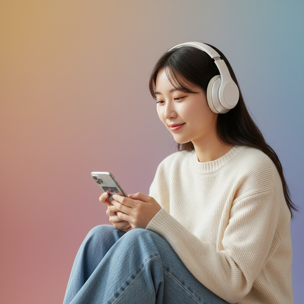 A young Korean woman with headphones on, smiling slightly while looking at her smartphone, reflecting on music. The background is a soft gradient of warm and cool colors, suggesting a reflective mood. Lifestyle photography, natural lighting, centered focus. No text.