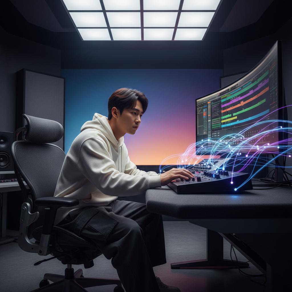 A modern studio setting with a Korean musician looking intently at a computer screen, which displays a music mixing interface, subtle glowing lines representing AI assistance, bright and balanced lighting, gradient background, no text, 4:3 aspect ratio