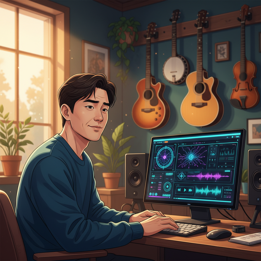 Korean man in a modern recording studio, immersed in music composition on a computer. The screen displays a music production interface with AI elements. He has a thoughtful expression, surrounded by subtle country music instruments like a guitar in the background. Style: modern illustration, vibrant colors, warm lighting, natural setting, no visible text.