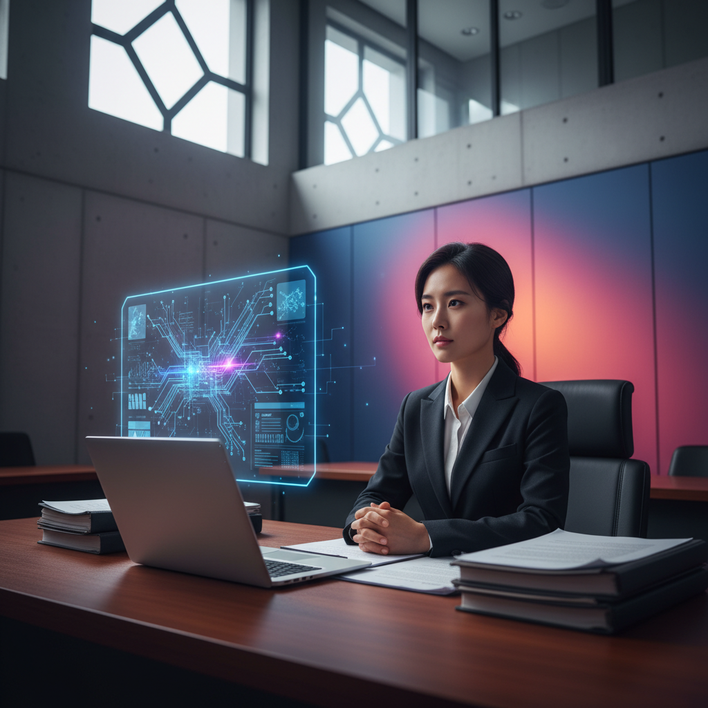 A determined female author of Korean appearance, sitting in a courtroom with legal documents, while a transparent, glowing AI interface hovers above her computer, symbolizing the legal battle over creative work. Modern layout, high contrast, balanced lighting, colored background, no text. Aspect Ratio: 4:3