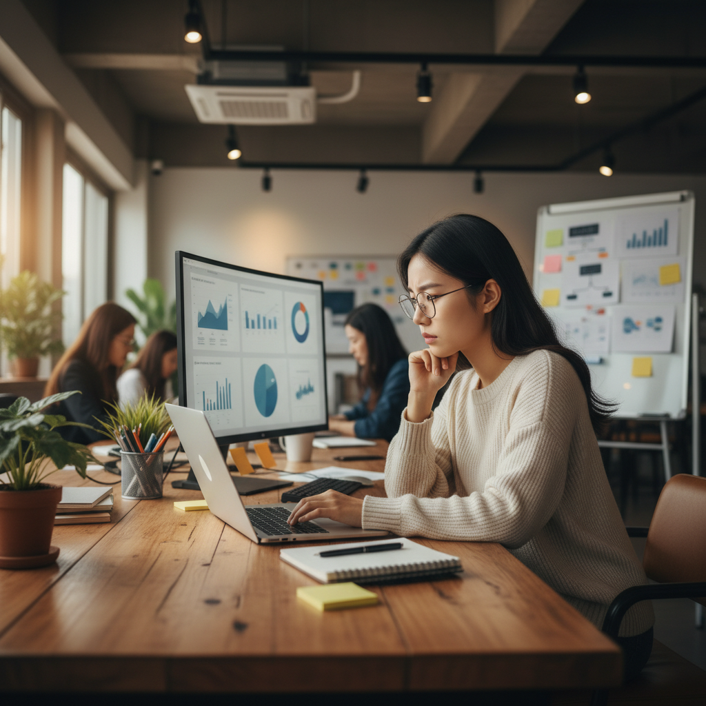 A young Korean entrepreneur is strategically analyzing data on a laptop, surrounded by a modern, focused work environment, soft diffused lighting, no text