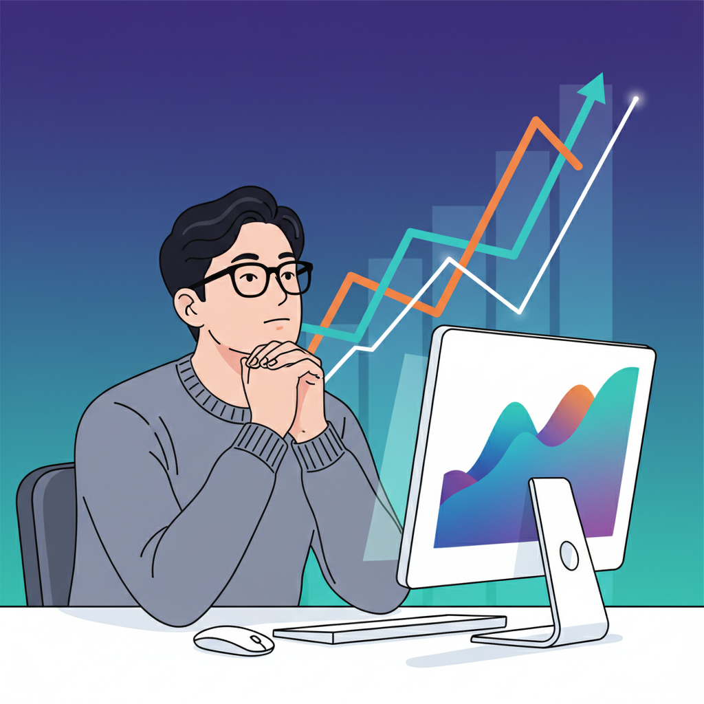 A Korean person, looking thoughtful while sitting at a desk with a computer. In the background, a blurred graph illustrating energy consumption rises. Style: clean infographic, modern layout, high contrast. No visible text in image. Colored background.