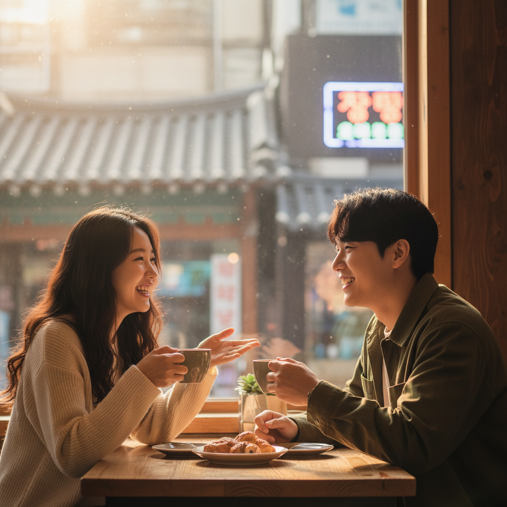 A couple happily chatting in a bright, cozy cafe, enjoying a successful in-person date, warm lighting, soft blurred background with subtle city elements, Korean setting, natural expression, centered focus, no text, lifestyle photography
