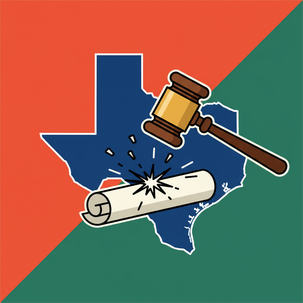 A judge's gavel striking down a legal document, with Texas state outline in the background, clean infographic style, high contrast, colored background, no text