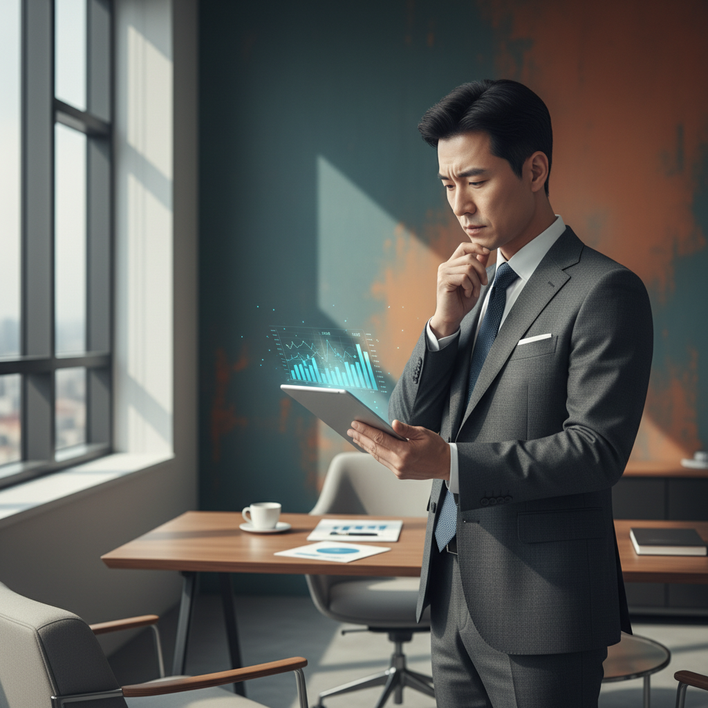 A thoughtful Korean male CEO in a modern office, looking at a tablet with graphs, reflecting on business challenges, soft natural light, professional setting, colored background, no text