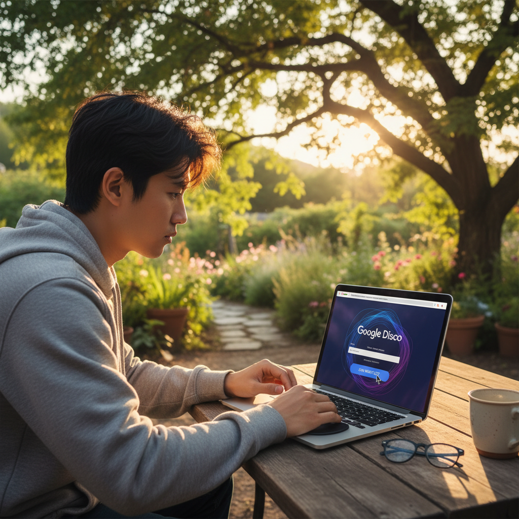 A Korean developer looking at a Google Labs website on a laptop, signing up for a waitlist for Google Disco, lifestyle photography, natural setting, warm lighting, no text