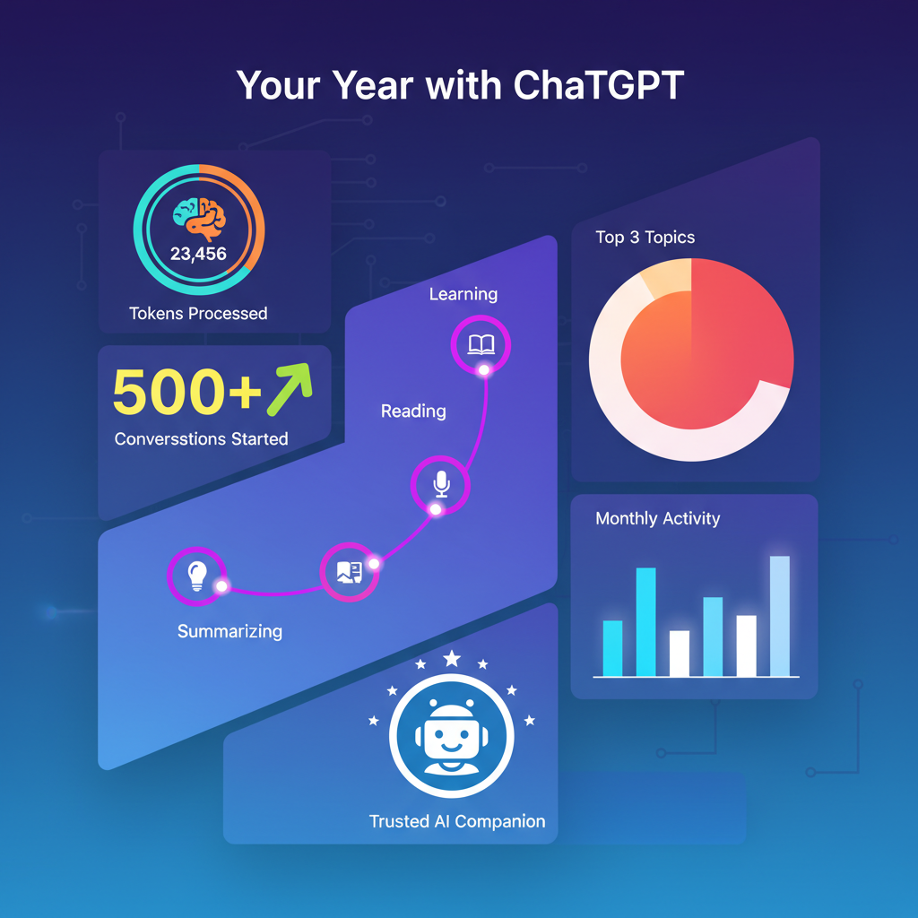 A clean infographic showing 'Your Year with ChatGPT' interface with personalized statistics and catchy graphics, modern layout, high contrast, colored background, no text