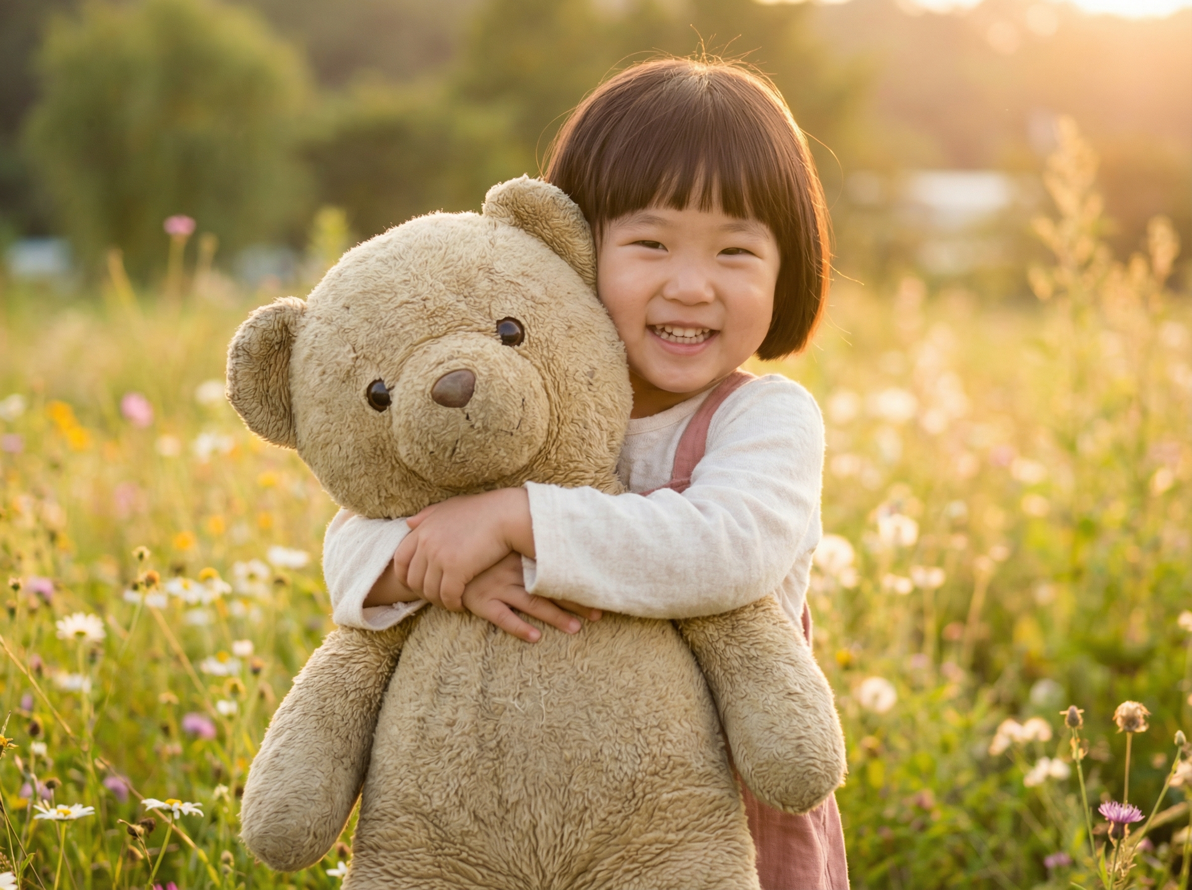 A child happily hugging a stuffed animal, warm lighting, natural setting, bright and balanced lighting, Korean appearance, centered focus, aspect ratio 4:3, no text