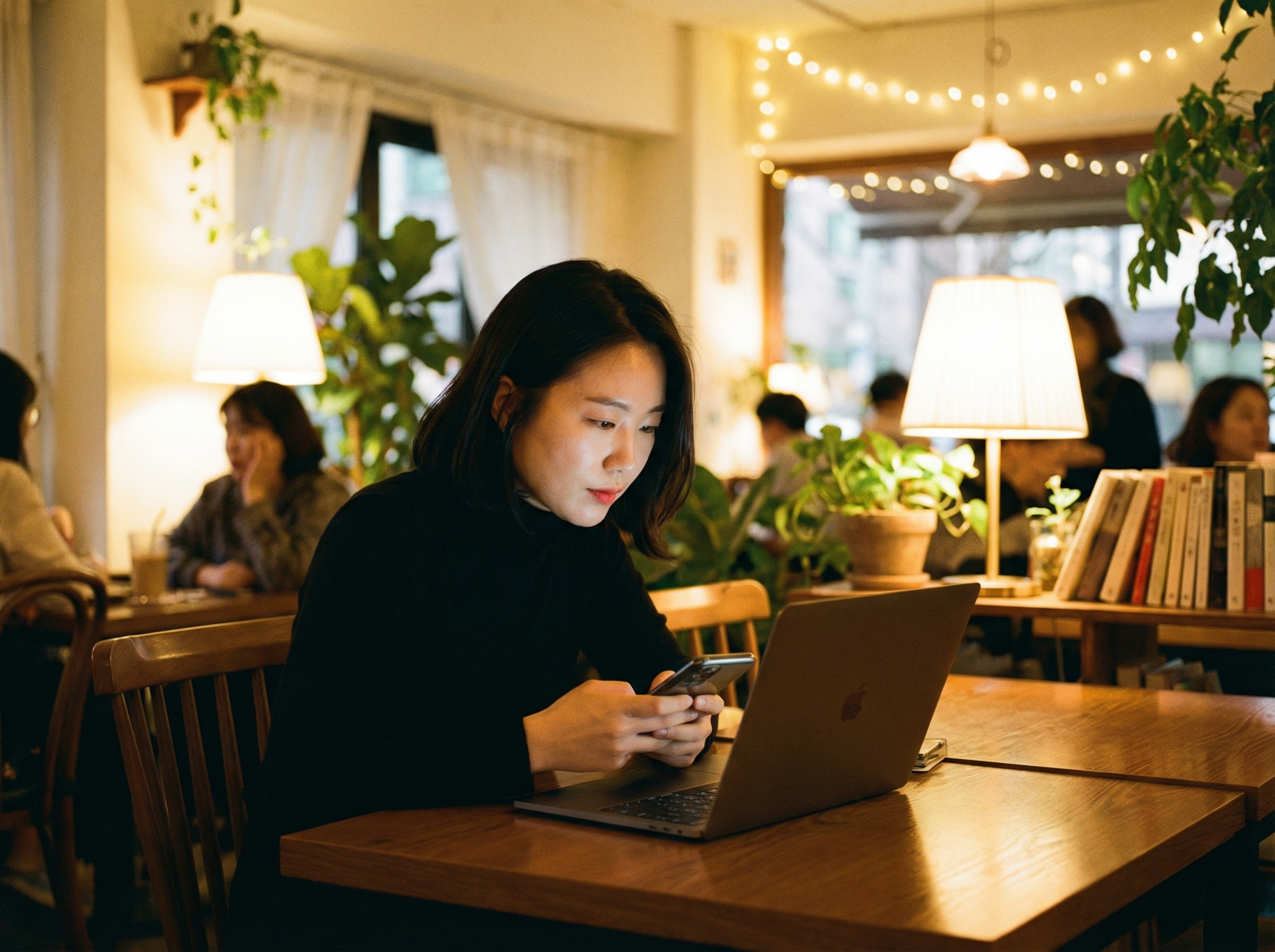 A Korean woman focused on her laptop and smartphone, a subtle glow on her face from the screen, warm lighting, cozy cafe background, natural expression, lifestyle photography, no text, aspect ratio 4:3