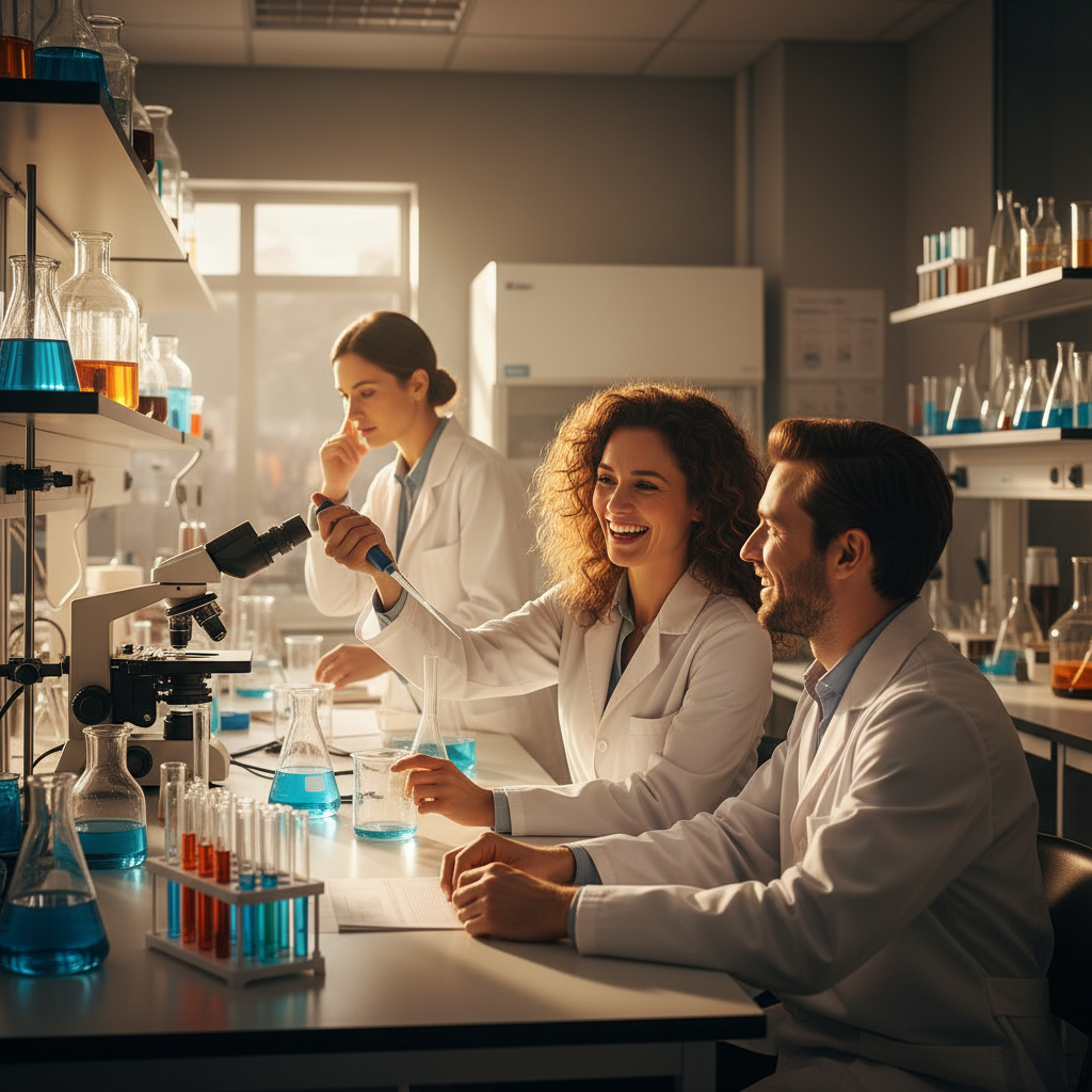 lifestyle photography, warm lighting, laboratory setting, natural expressions, no text, 1:1 aspect ratio