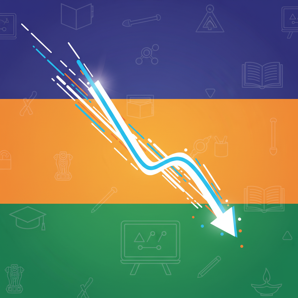 A visually striking infographic showing a steep decline graph, with a subtle background featuring Indian educational elements, dynamic lines, colored background, no text, clean infographic, modern layout, high contrast