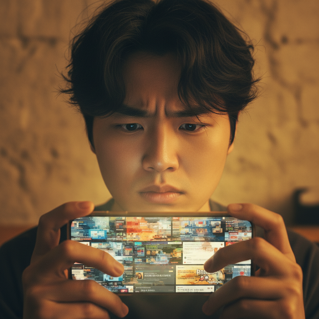 A Korean person looking frustrated and overwhelmed while scrolling through a digital device, surrounded by blurry, low-quality digital content, warm lighting, textured background, no text