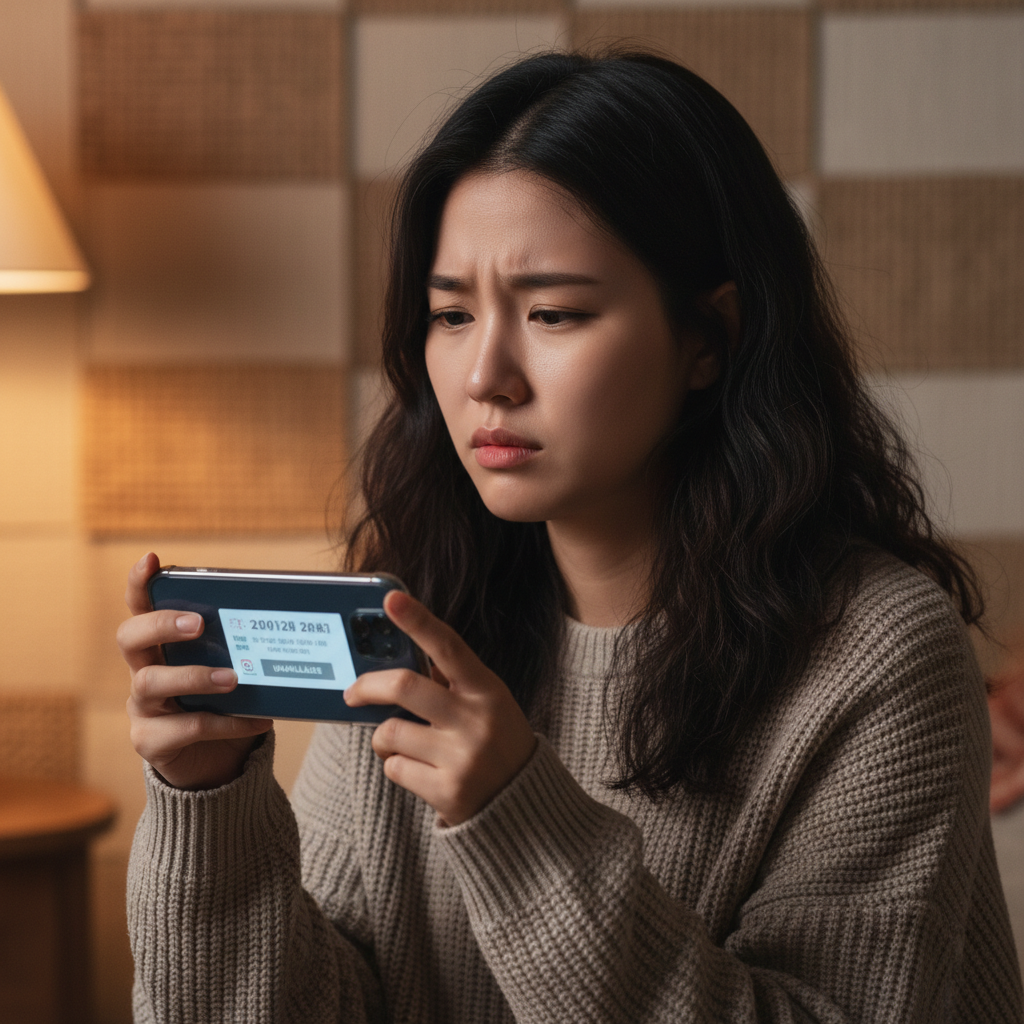 A Korean woman looking frustrated and sighing while holding a smartphone, with concert tickets visible on the screen, warm lighting, textured background, natural expression, no text