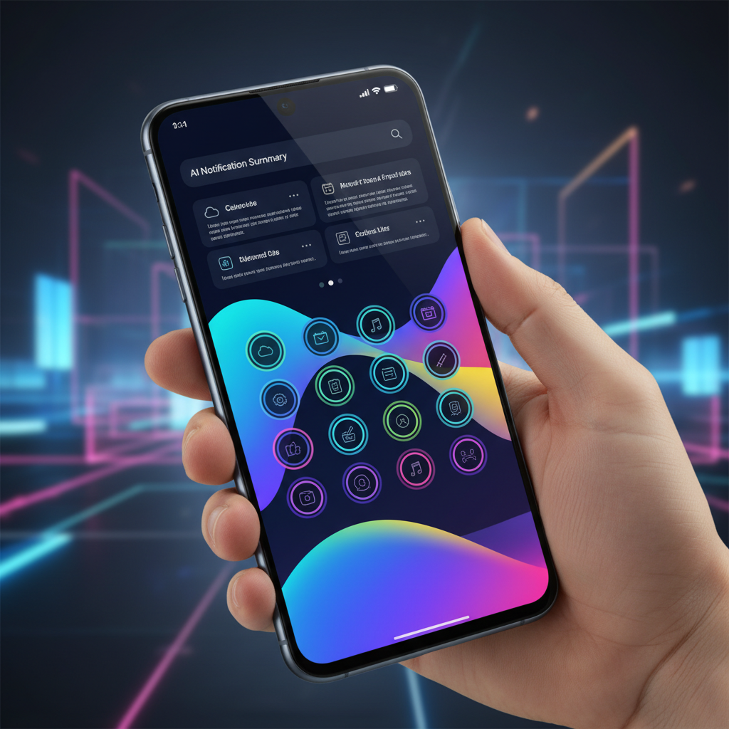 Dynamic smartphone screen displaying modern Android 16 features. A sleek phone showing AI notification summaries, customizable icons, and a dark theme. The background is a clean, futuristic gradient, with subtle light effects. No visible text on the screen. Style: clean infographic, modern layout, high contrast. Korean appearance person.