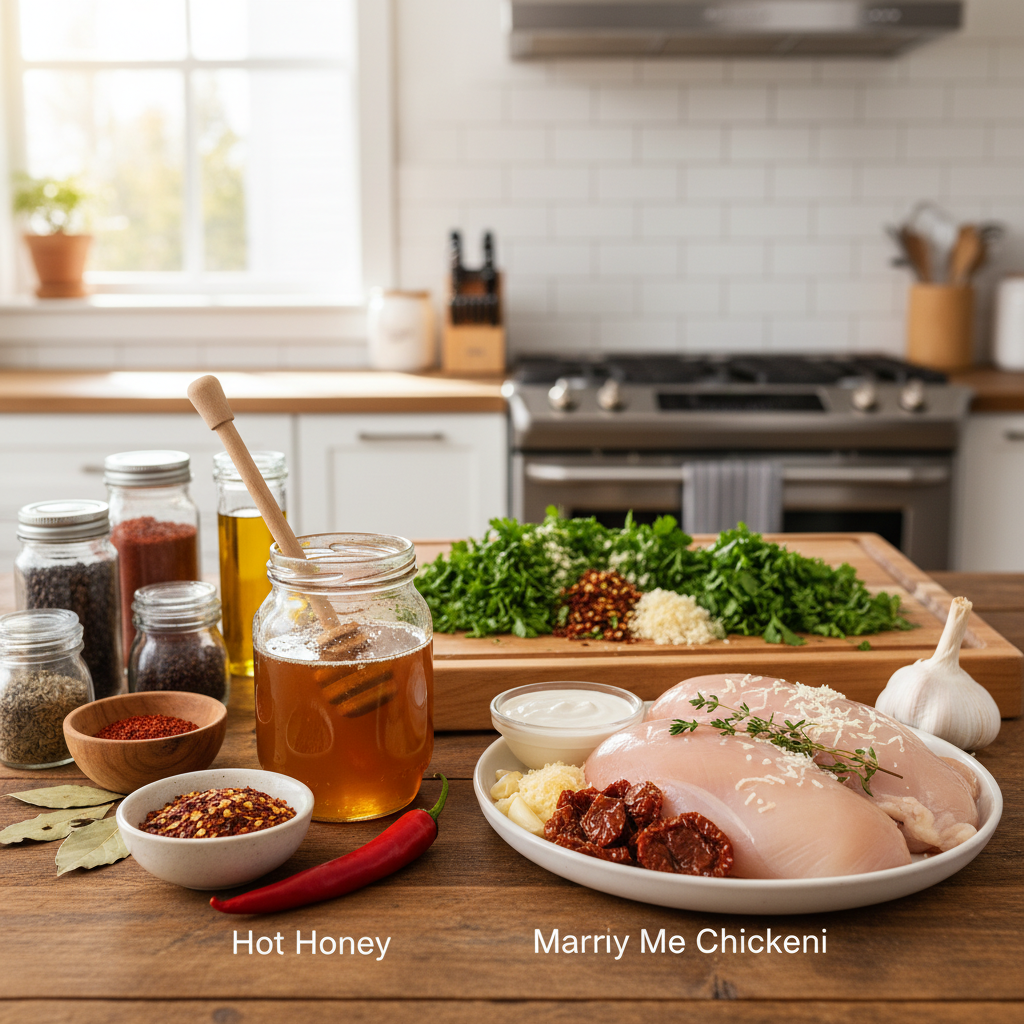 A vibrant lifestyle photography image set in a modern kitchen, showcasing ingredients for "Hot Honey", "Marry Me Chicken", and "Chimichurri". The scene should feature various spices, honey jars, chicken, and fresh herbs arranged aesthetically. Warm lighting, natural setting, textured wooden background. No text. Centered focus.