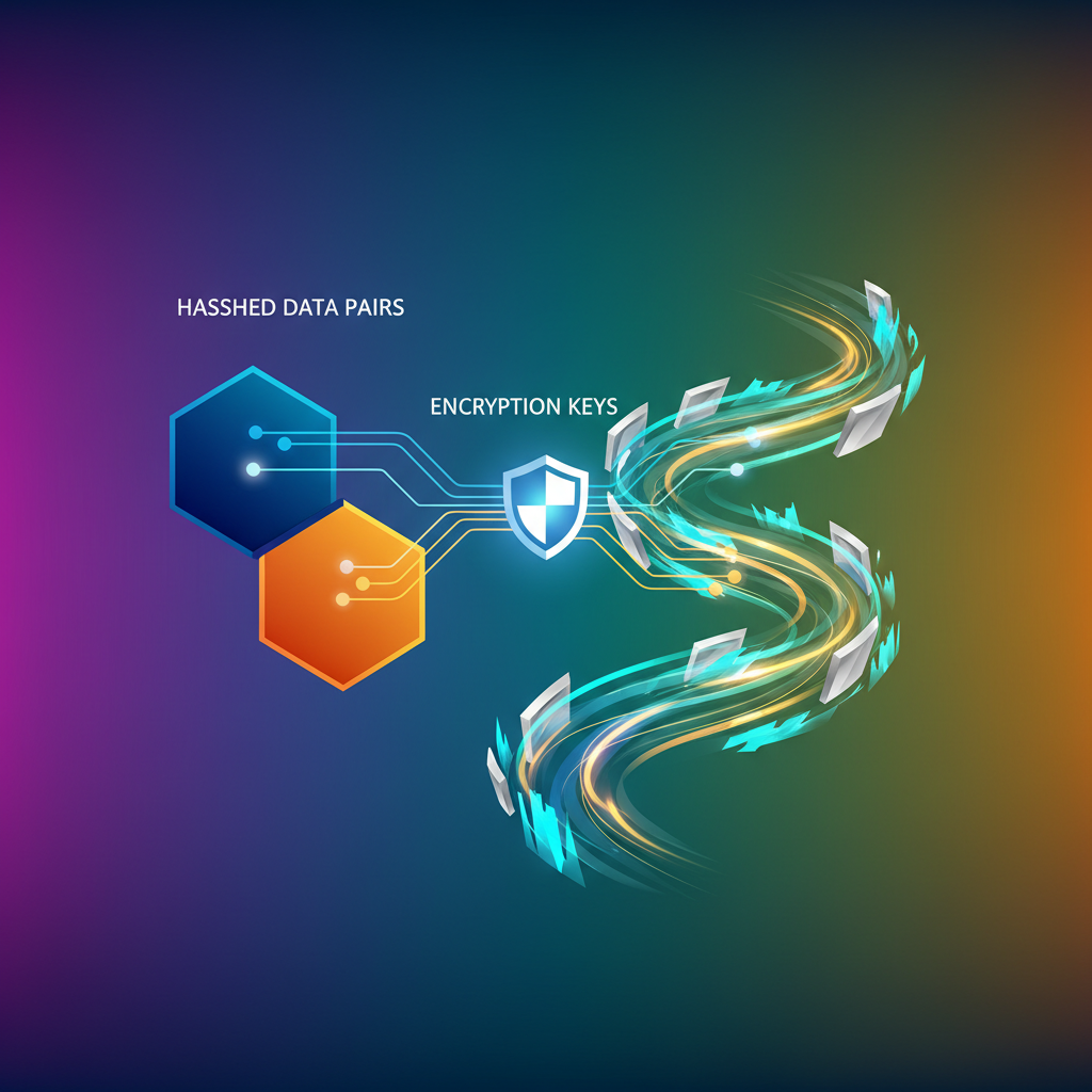 Clean infographic, modern layout, high contrast, visually representing hashed data pairs and encryption keys, secure data flow, vibrant colored background, no text