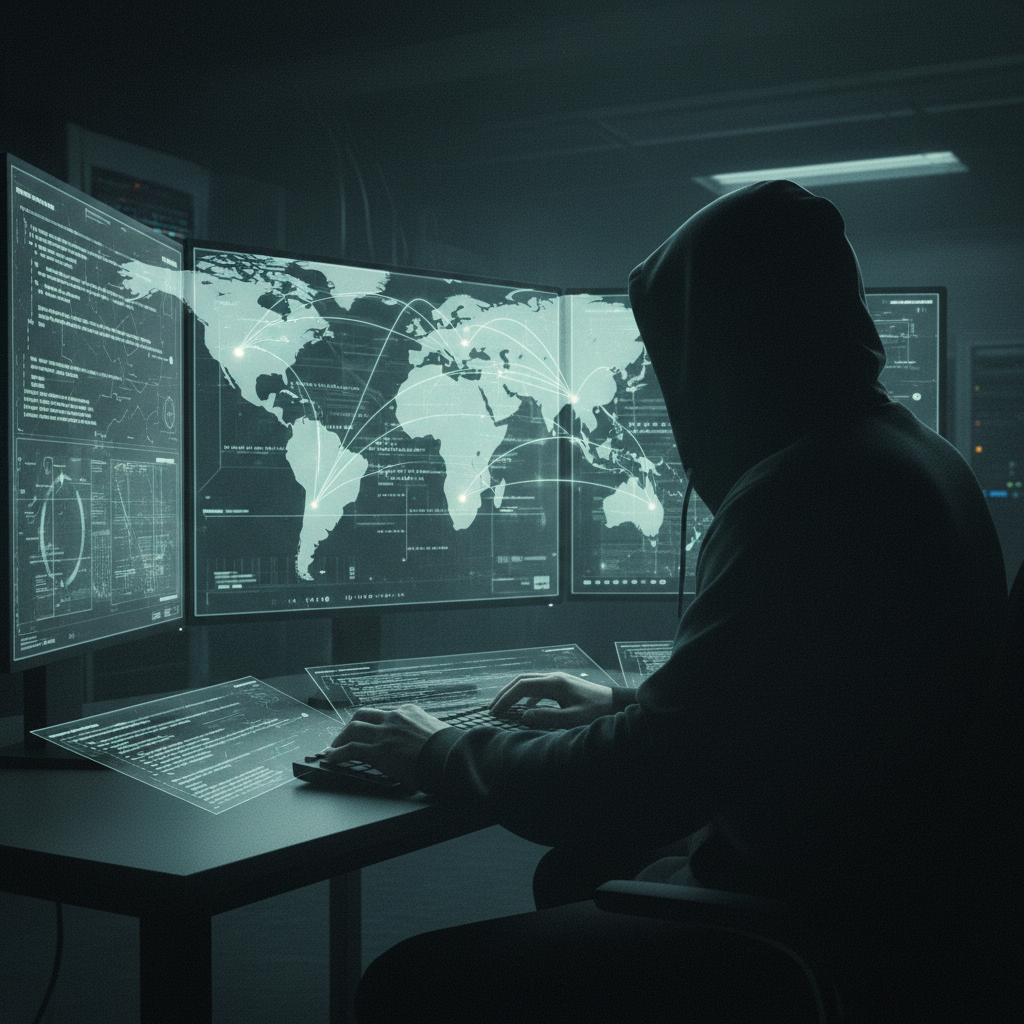 A shadowy figure behind a computer screen, manipulating digital information, with global map elements in the background, showing data flowing, espionage thriller style, muted colors, no visible text