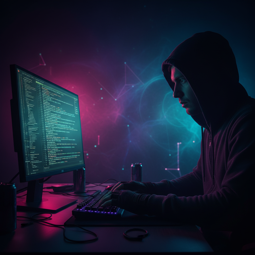 A hacker attempting to infiltrate a computer system in a dimly lit room, focusing on the screen with lines of code, dark and mysterious atmosphere, colored background, no text
