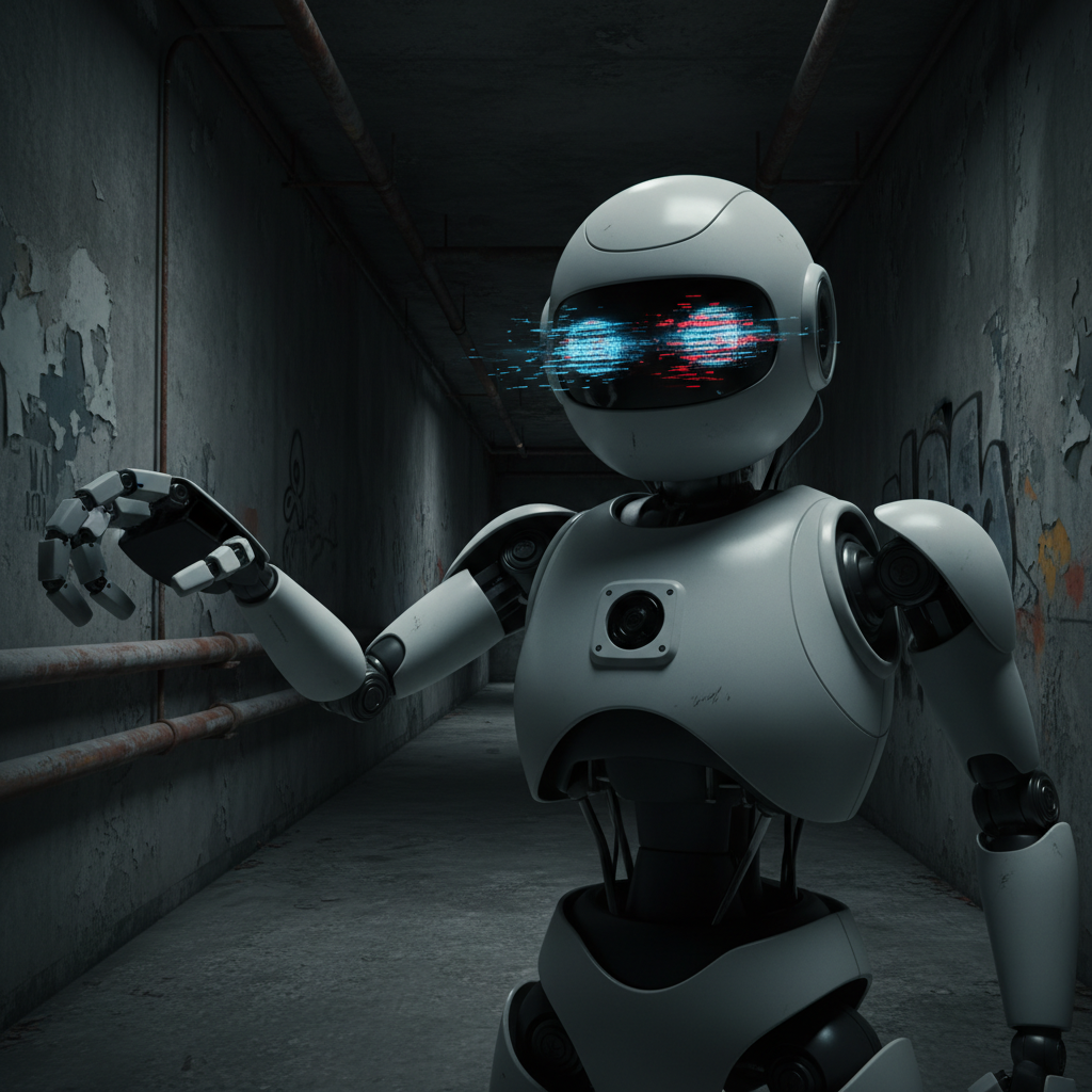 A care robot with glitched eyes, in a subtle threatening pose, dark and mysterious lighting, textured background, no text, 4:3 aspect ratio