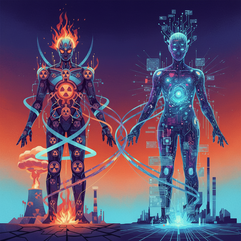 A thought-provoking illustration depicting two distinct yet equally powerful and potentially dangerous entities, one symbolizing nuclear power and the other advanced AI, in a balanced composition, artistic rendering, gradient background, no text.