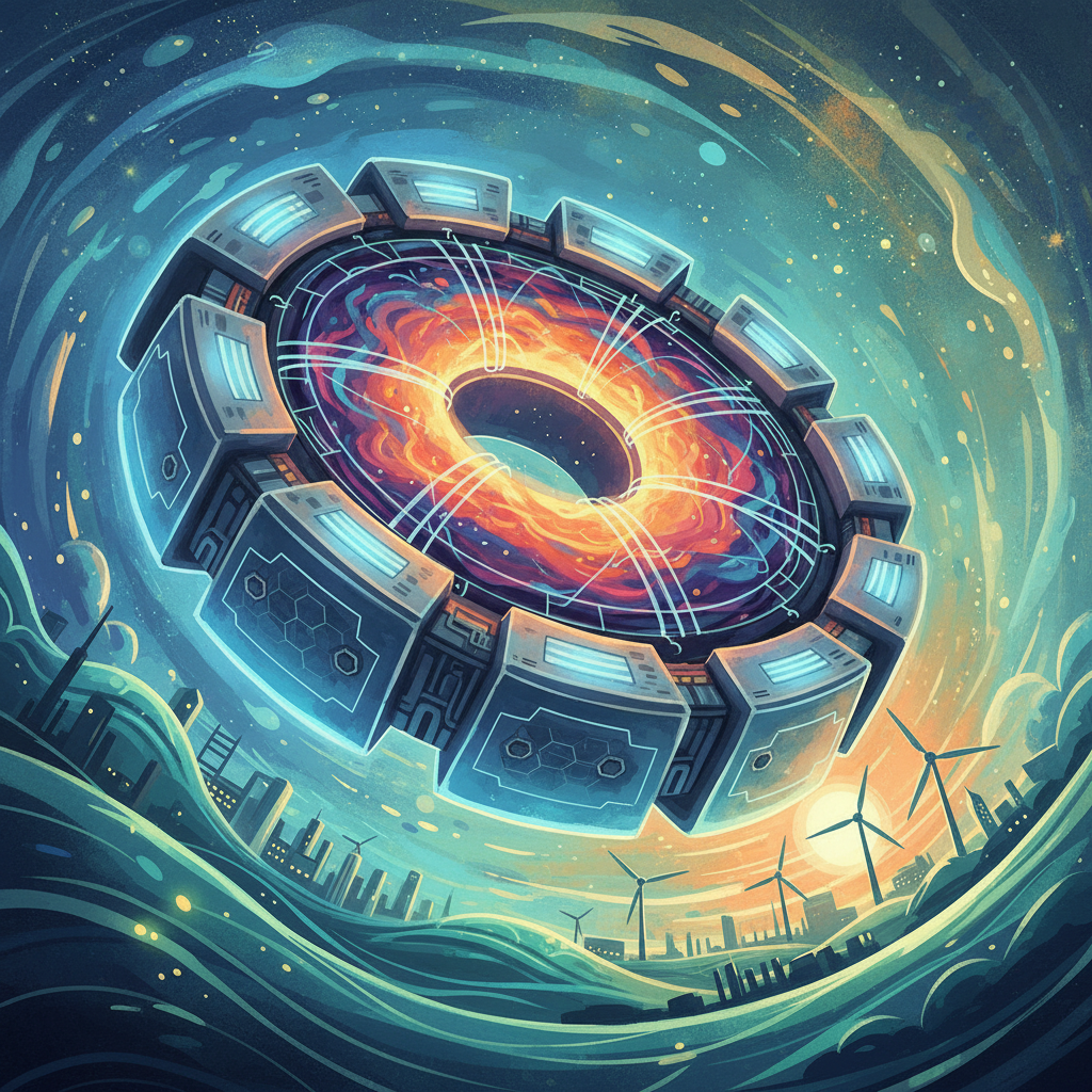 A detailed illustration showing the scientific principle of nuclear fusion, with plasma contained in a reactor, symbolizing clean and abundant future energy, artistic rendering, textured background, no text