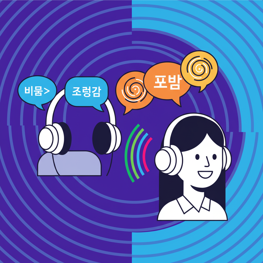 A dynamic clean infographic illustrating speech bubbles transforming into another language as they enter wireless headphones worn by a Korean person. Modern layout, high contrast, vibrant colored background with abstract sound waves, no text. Clean infographic.
