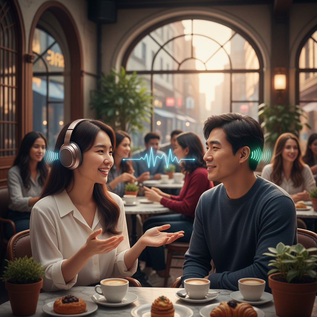 A person wearing modern headphones, having a natural conversation with another person in a vibrant, international cafe setting. Subtle visual elements suggesting real-time language translation, soft diffused lighting, rich background with blurry urban elements, Korean appearance, centered focus, visually rich, no empty margins, no visible text.