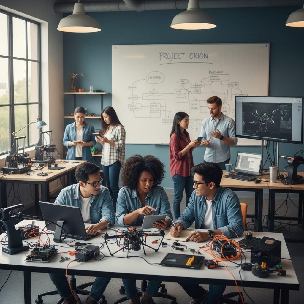 A diverse team of engineers and designers collaborating in a modern workshop, brainstorming new ideas for a hardware product, bright and balanced lighting, lifestyle photography, no text, 4:3 aspect ratio