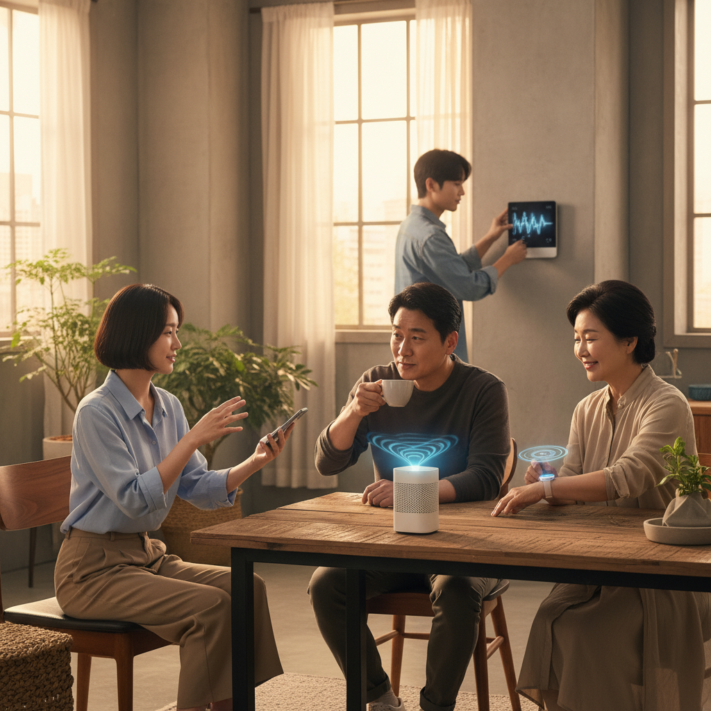 A realistic lifestyle photography scene showing a diverse group of Korean people interacting seamlessly with an invisible AI personal assistant through various devices (smartphones, smart home devices). The mood is effortless and efficient, with warm lighting and a modern, textured background. No visible text, centered focus.