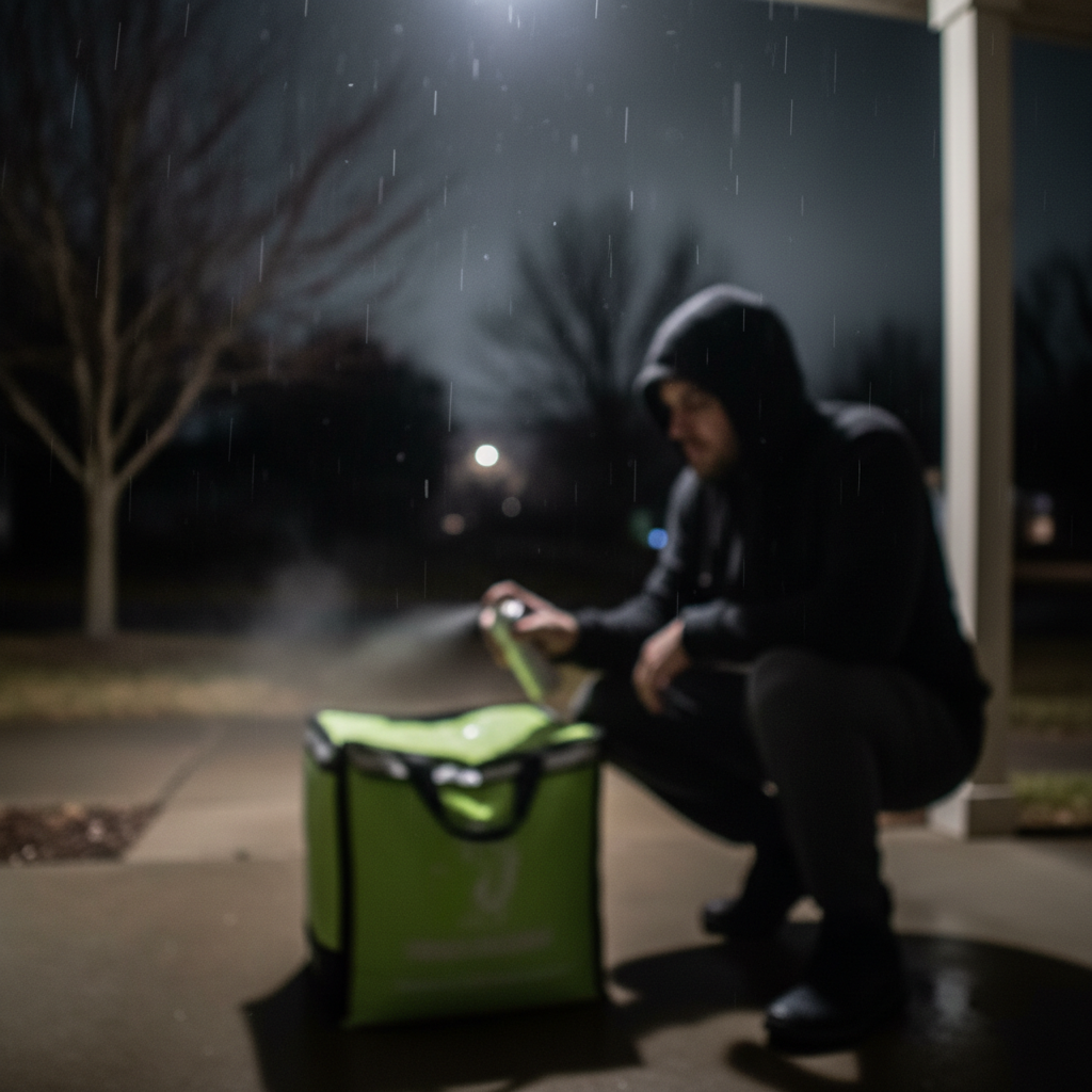 A blurry still image from a doorbell camera showing a delivery person with a small spray can near a delivery bag, emphasizing the suspicious action, dark lighting, outdoor setting, no text