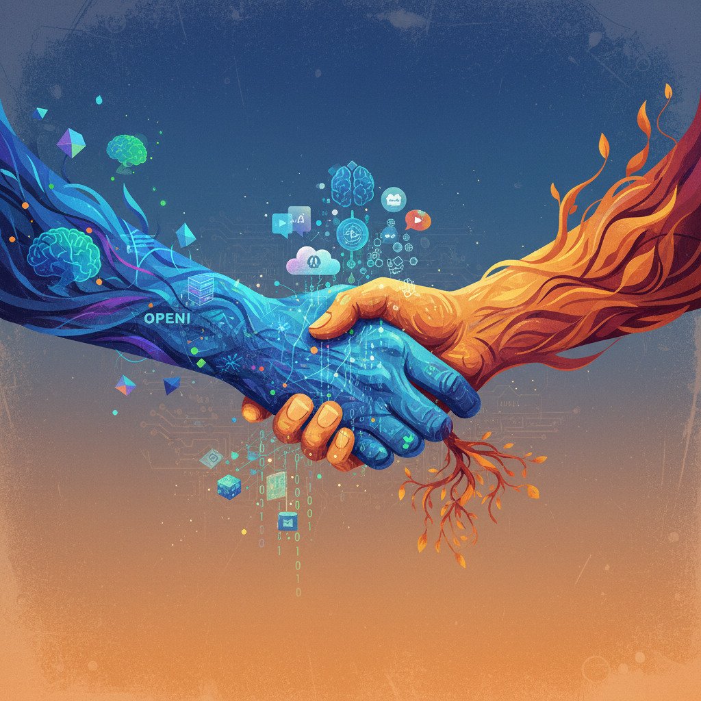 Modern illustration depicting a handshake between two abstract entities (representing OpenAI and Thrive Holdings), with symbols of AI models, services, and data flowing from one hand to the other, instead of money. Gradient background, artistic rendering, textured background. No visible text. Centered focus, visually rich.