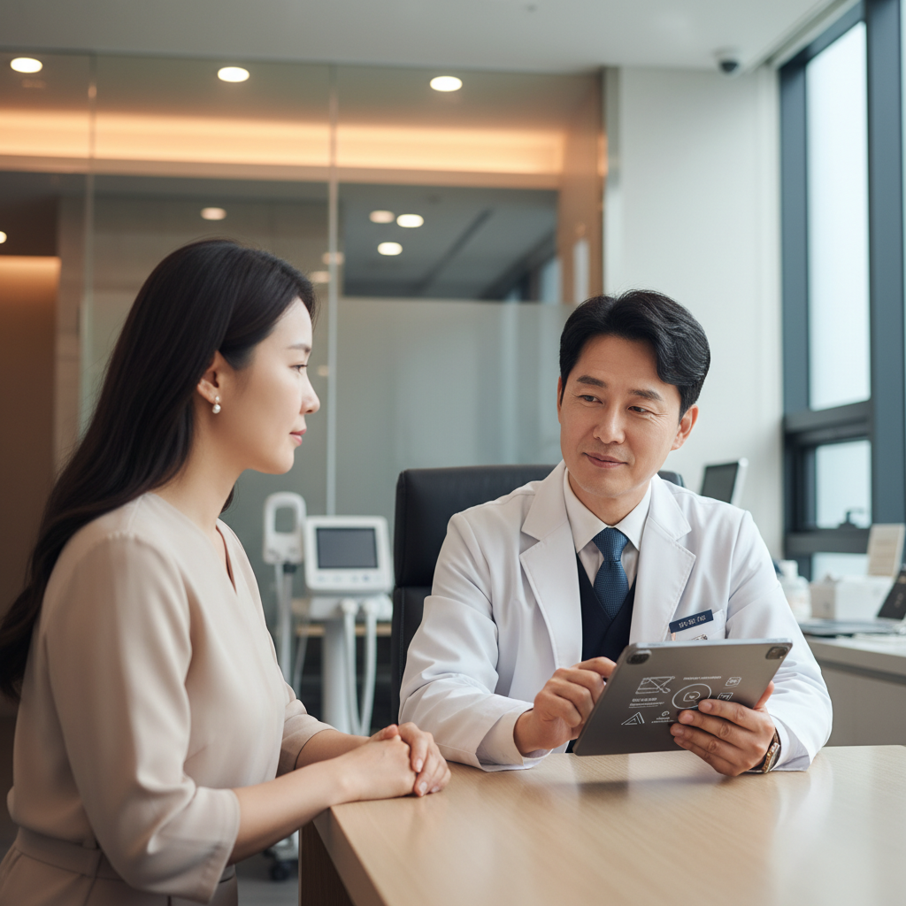 A Korean male doctor in his 40s, with a gentle expression, is having a consultation with a female patient of similar age in a brightly lit, modern clinic. The doctor is subtly interacting with an AI interface on a sleek tablet, which displays minimal, English-only UI elements. The background is a clean, contemporary clinic interior with blurred medical equipment and warm lighting. Lifestyle photography style, centered focus, natural expressions.