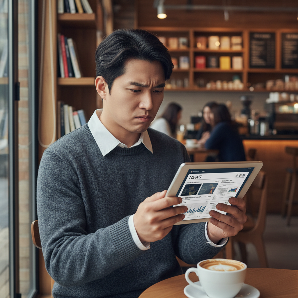 A visually rich scene of a thoughtful Korean person reading news on a tablet, with a critical expression, bright, balanced lighting, a blurred cafe background, no text