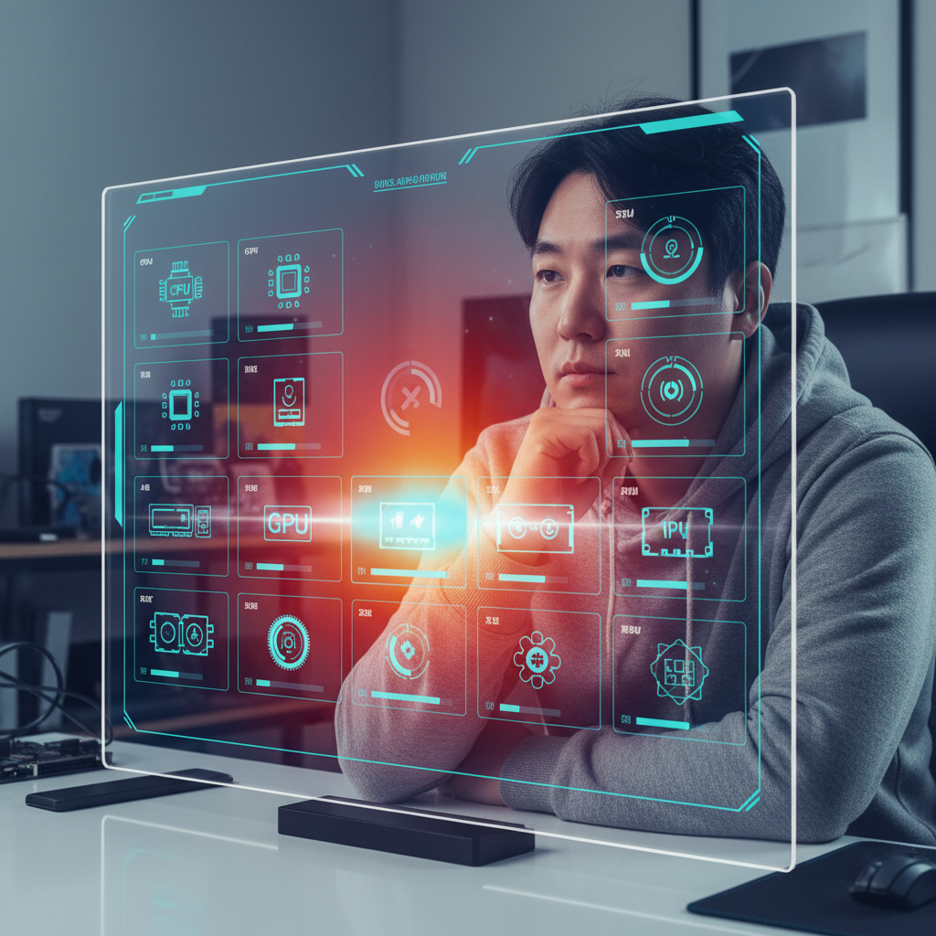 A thoughtful Korean person making a wise decision about buying PC components, with a digital interface showing options, modern layout, high contrast, colored background, no text