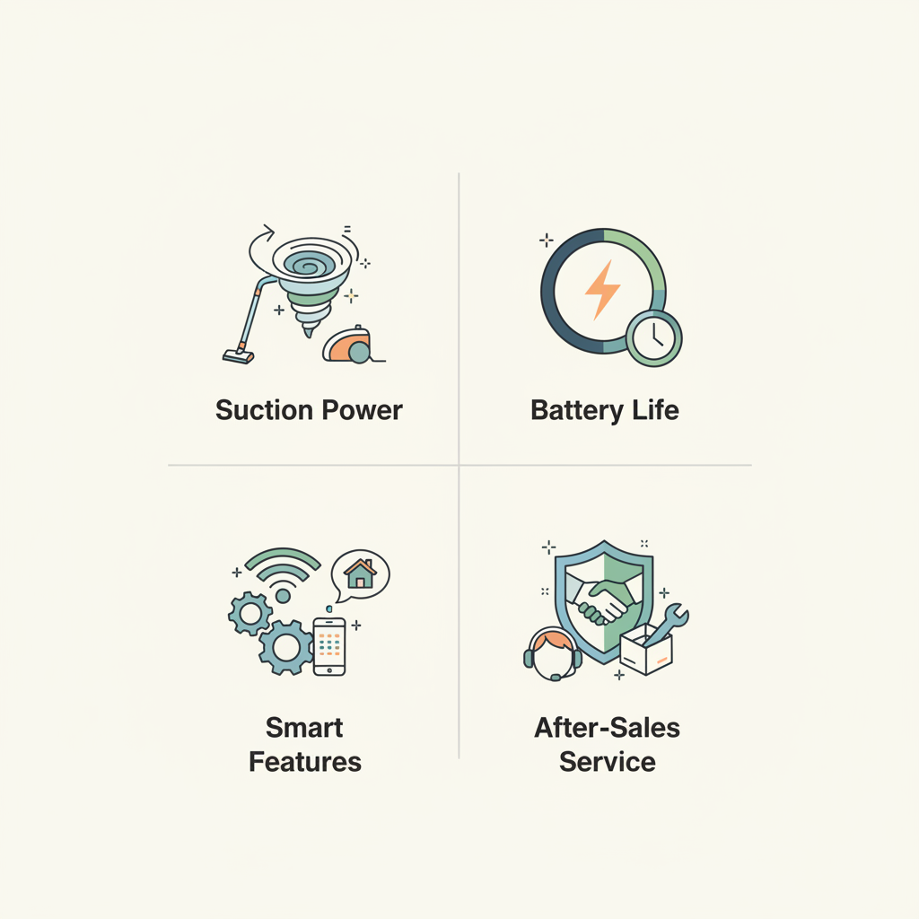 A clean infographic illustrating key features to consider when buying a robot vacuum cleaner: suction power, battery life, smart features, and after-sales service, presented with clear icons and minimal design on a light colored background, no text