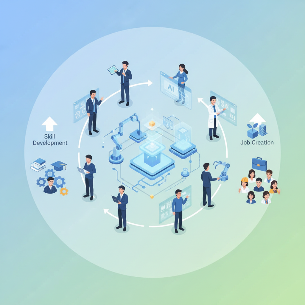 A clean infographic illustrating diverse Korean workers collaborating effectively with AI systems, showcasing skill development and job creation in a modern, harmonious setting with a gradient background. No visible text in the image.