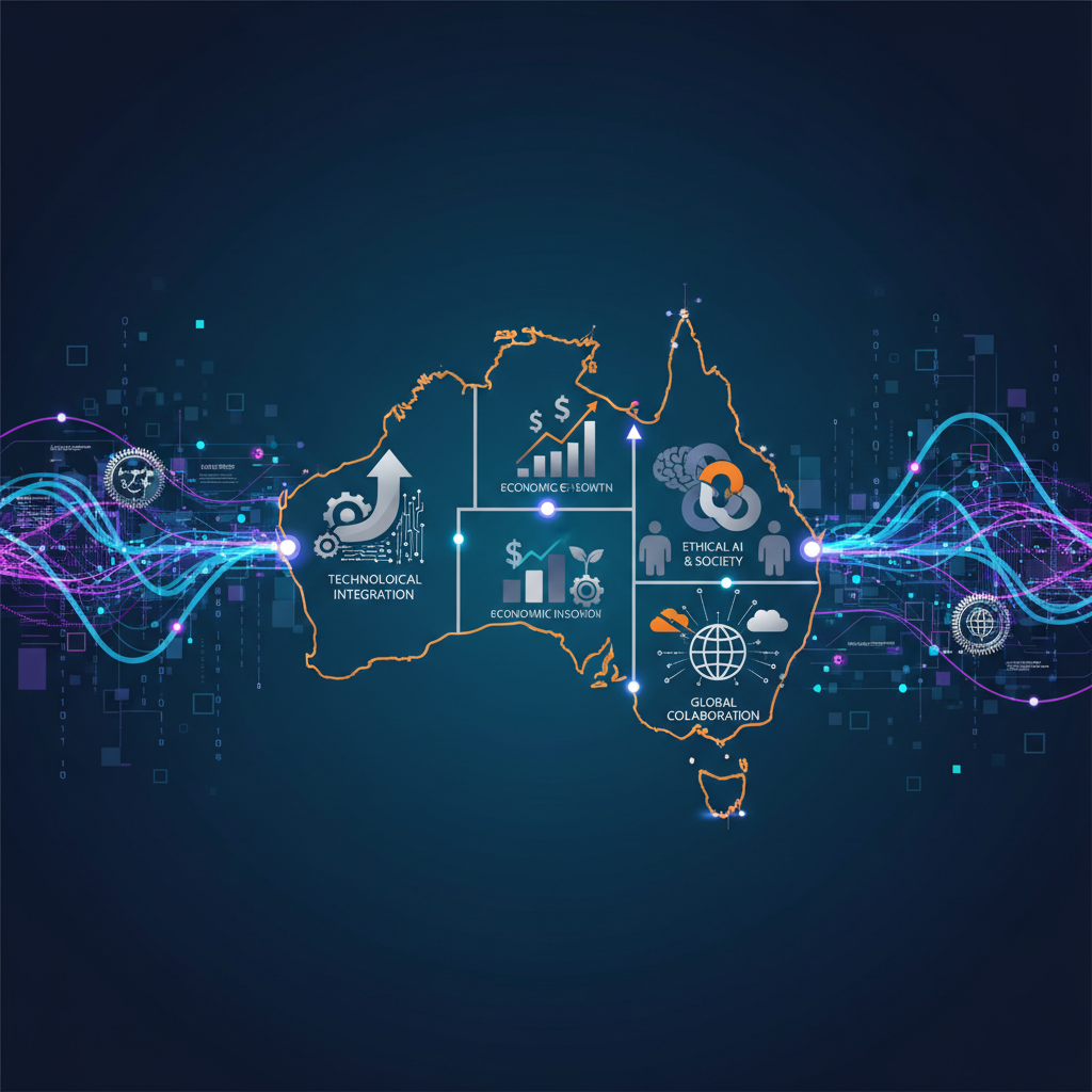 A modern infographic illustrating Australia's national AI plan, featuring data streams, technological integration, and economic growth symbols. The central theme is a roadmap or strategic outline, with a clean, high-contrast design on a colored background. No text.