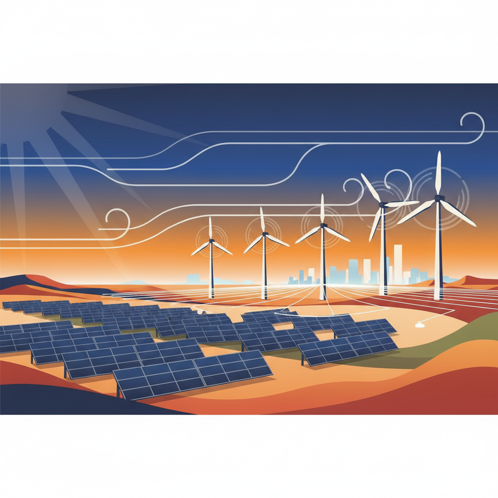 Vast solar panels and wind turbines spread across a wide Australian landscape, generating clean energy. Style: clean infographic, modern layout, high contrast. No visible text in image. Colored background.