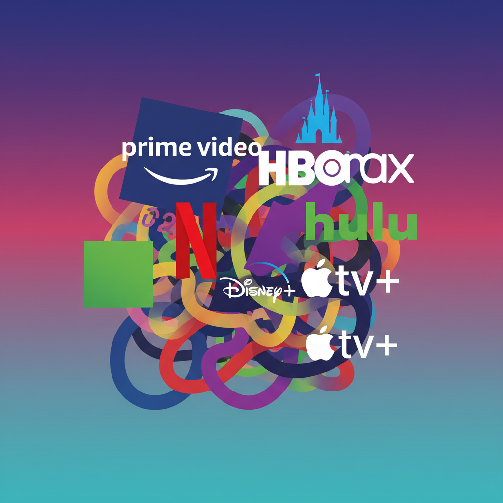 A collage of various streaming service logos merging and overlapping, creating a chaotic and confusing visual, clean infographic style, gradient background, visually rich, no text