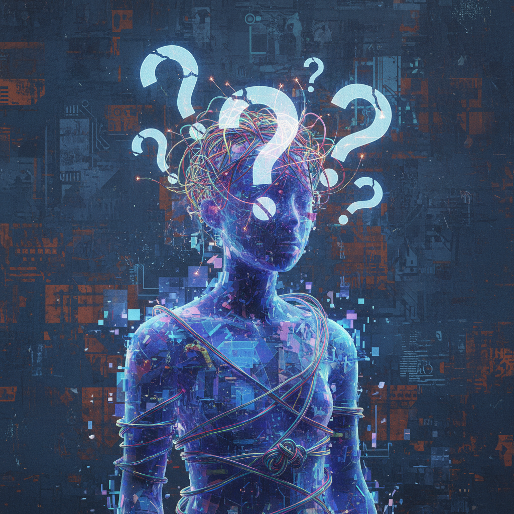 A confused AI chatbot character with question marks and tangled wires, in an artistic rendering style, textured background, no text