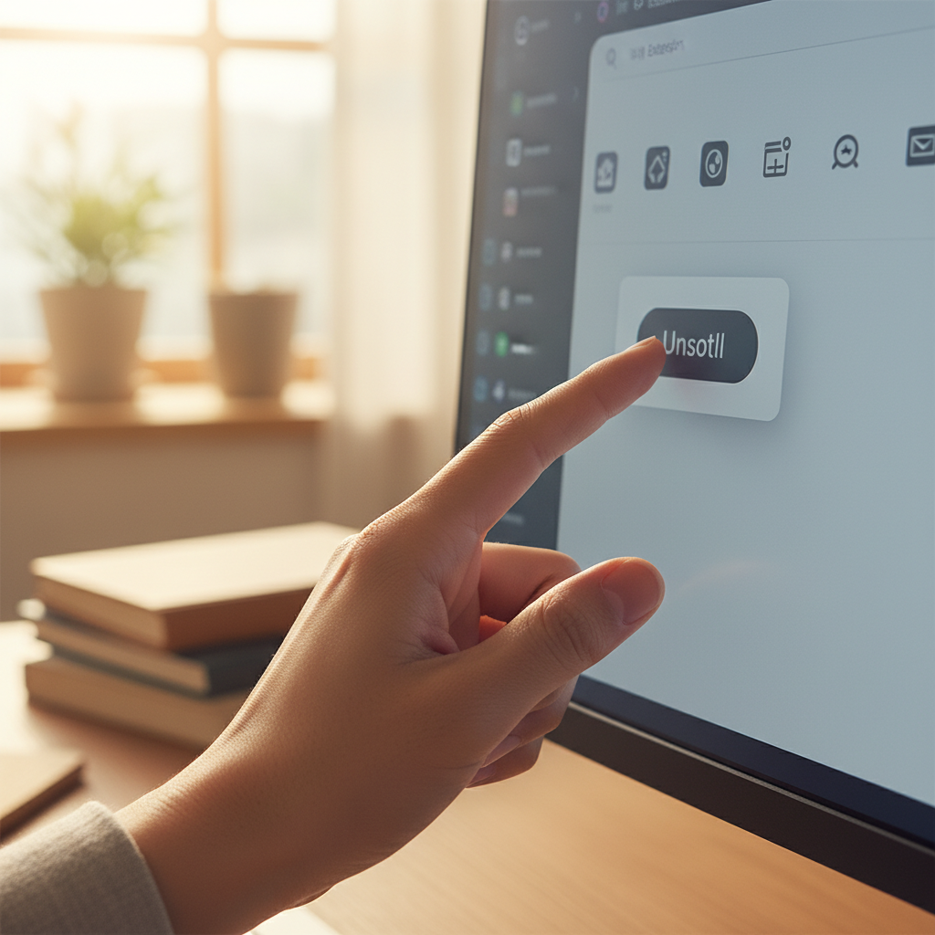 A close-up of a Korean hand clicking an "uninstall" button on a computer screen, representing a user taking action to remove a browser extension, lifestyle photography, warm lighting, natural office background, no text, 1:1 aspect ratio