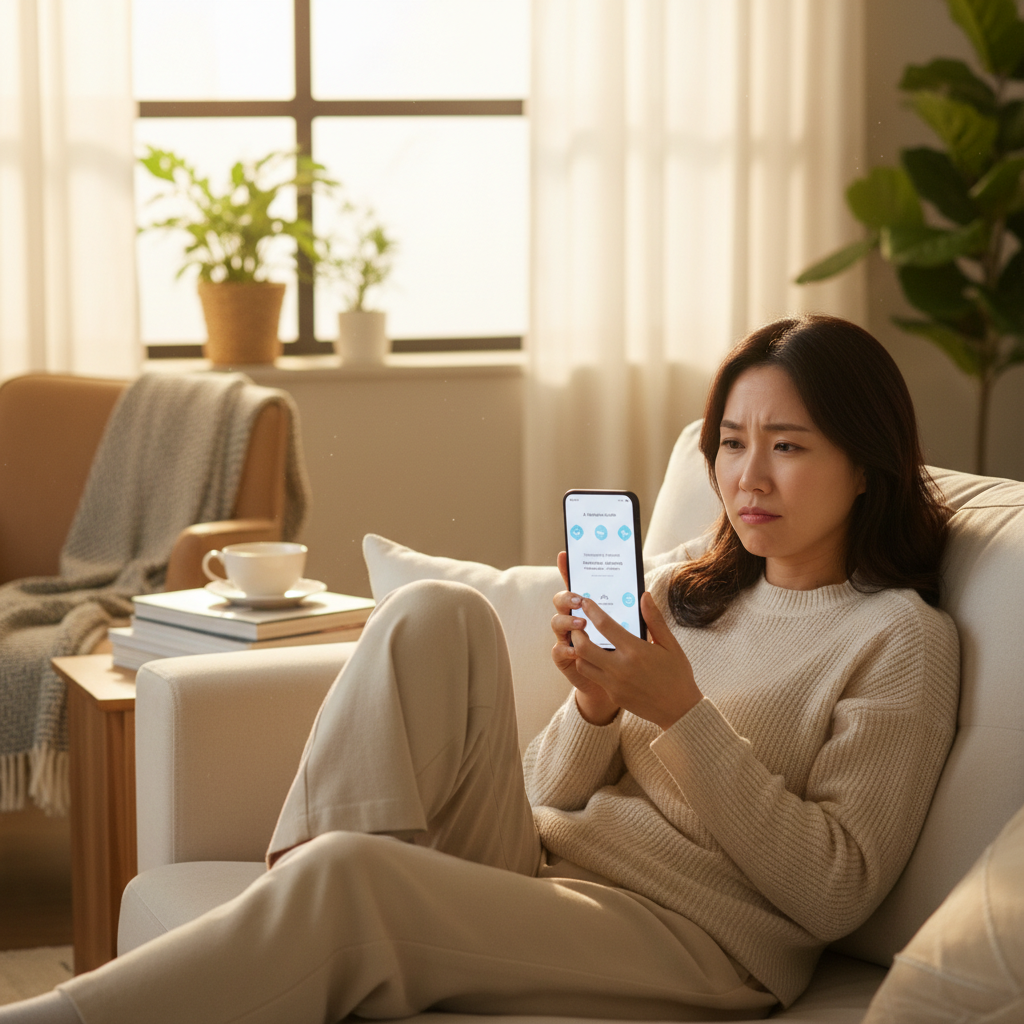 A Korean female in her 30s is sitting comfortably, looking at her smartphone. The phone screen subtly shows an AI health application interface (minimal, English-only text). Her expression is thoughtful, perhaps a little skeptical or unsure, reflecting the inconsistent quality of AI advice. The background is a warm, inviting home setting with soft, natural lighting. Lifestyle photography style, centered focus, natural expression.