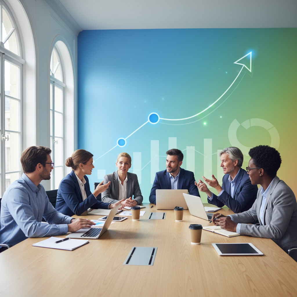 A vibrant business meeting scene with diverse professionals collaborating, and a subtle, clean infographic of a growing chart in the background, symbolizing investment and innovation. Modern layout, bright lighting, colored background, no text. 4:3 aspect ratio