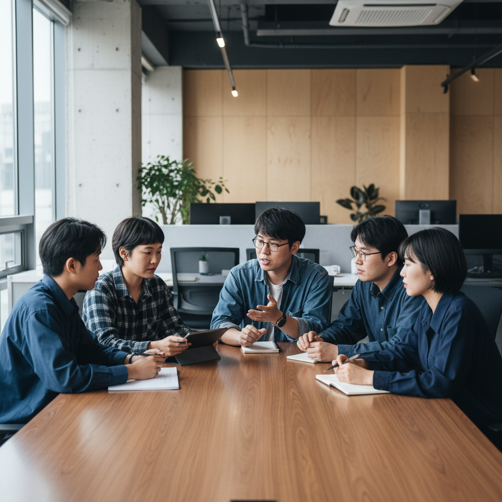 A group of diverse young Korean activists in a modern meeting room, actively discussing digital justice issues, looking determined, clean and focused composition, natural lighting, blurred office background, no text