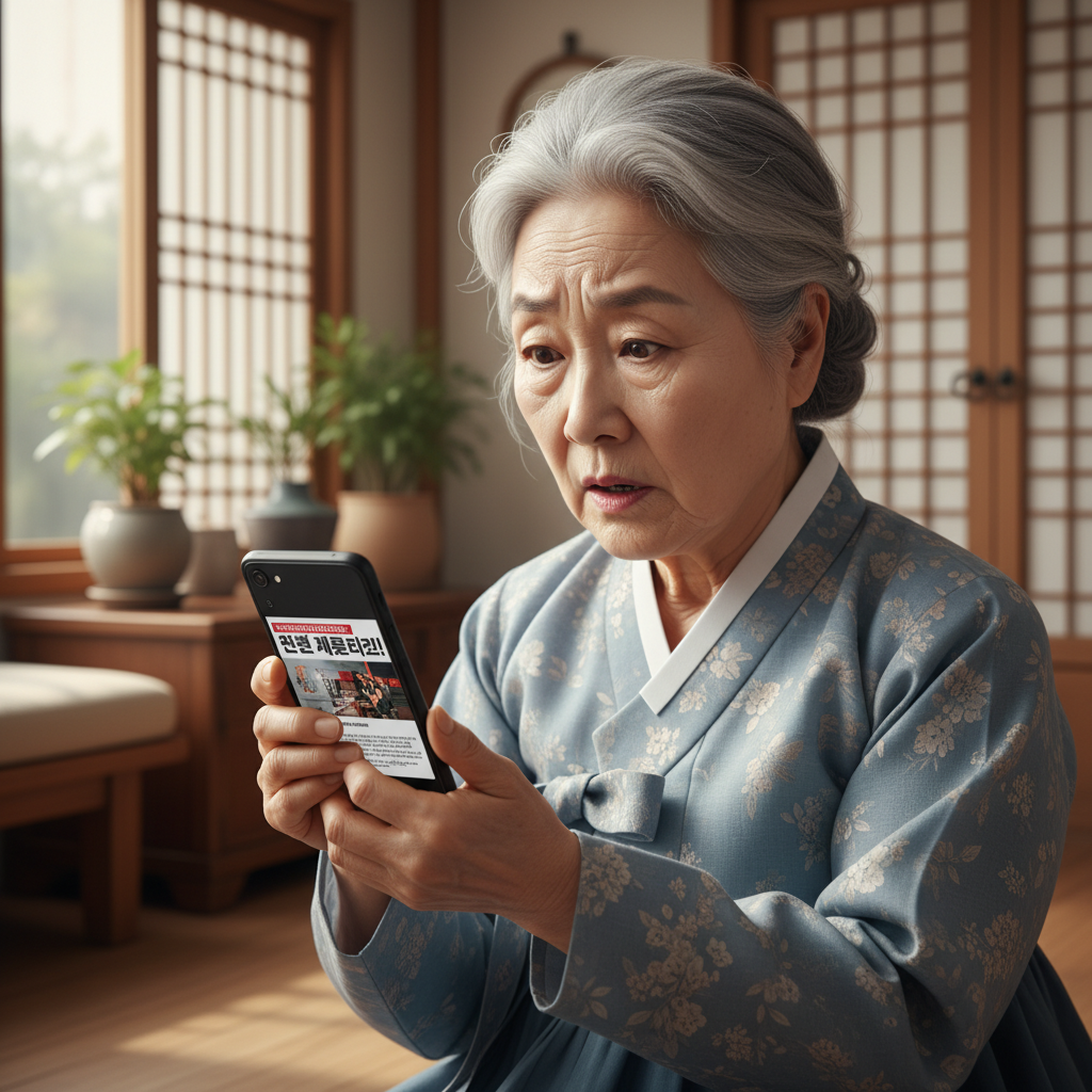 A realistic portrait of an elderly Korean woman looking at her smartphone with a confused or surprised expression, indicating she's encountering fake news, soft lighting, blurred home interior background, natural setting, centered focus, visually rich, no empty margins, no text.