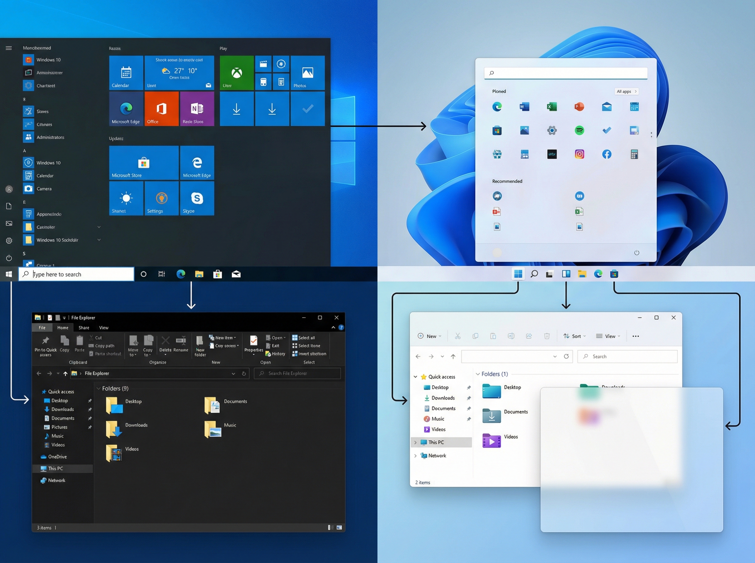 a split screen showing Windows 10 desktop on one side and Windows 11 desktop on the other, comparing their interfaces. clean infographic, modern layout, high contrast, no visible text, aspect ratio 4:3.