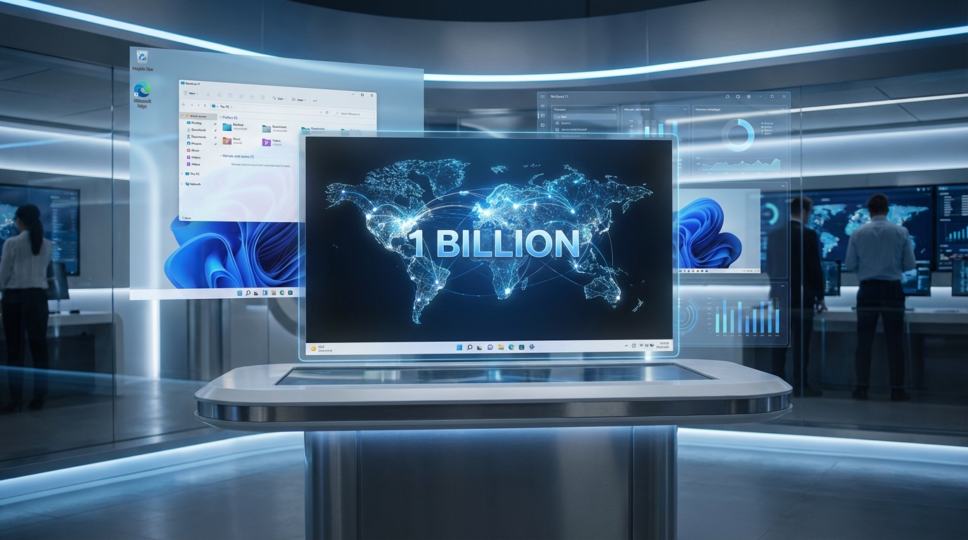 A sleek and modern high-tech dashboard displaying a global map with glowing connections, a large stylized number 1 Billion appearing on a central holographic screen, Windows 11 user interface elements in the background, professional atmosphere, soft blue and white lighting, 16:9 aspect ratio.