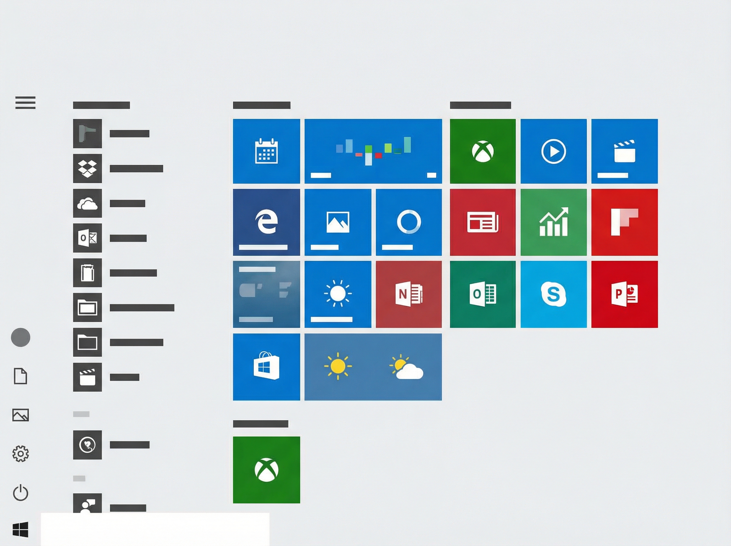 A classic Windows 10 Start Menu with a mix of live tiles and traditional application list. informational: clean infographic, modern layout, high contrast, no visible text, aspect ratio 4:3.